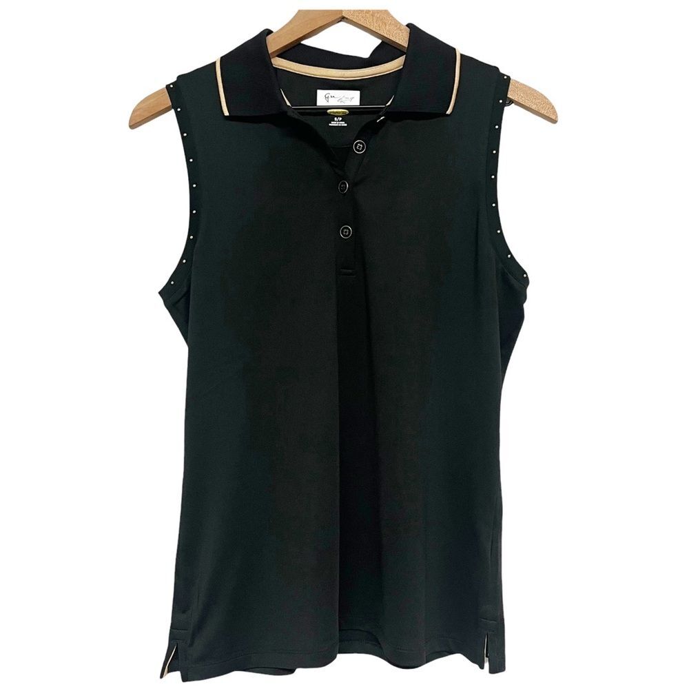 Greg Norman Women Black Gold Sleeveless Shirt Sz small Collared Golf Tennis Top
